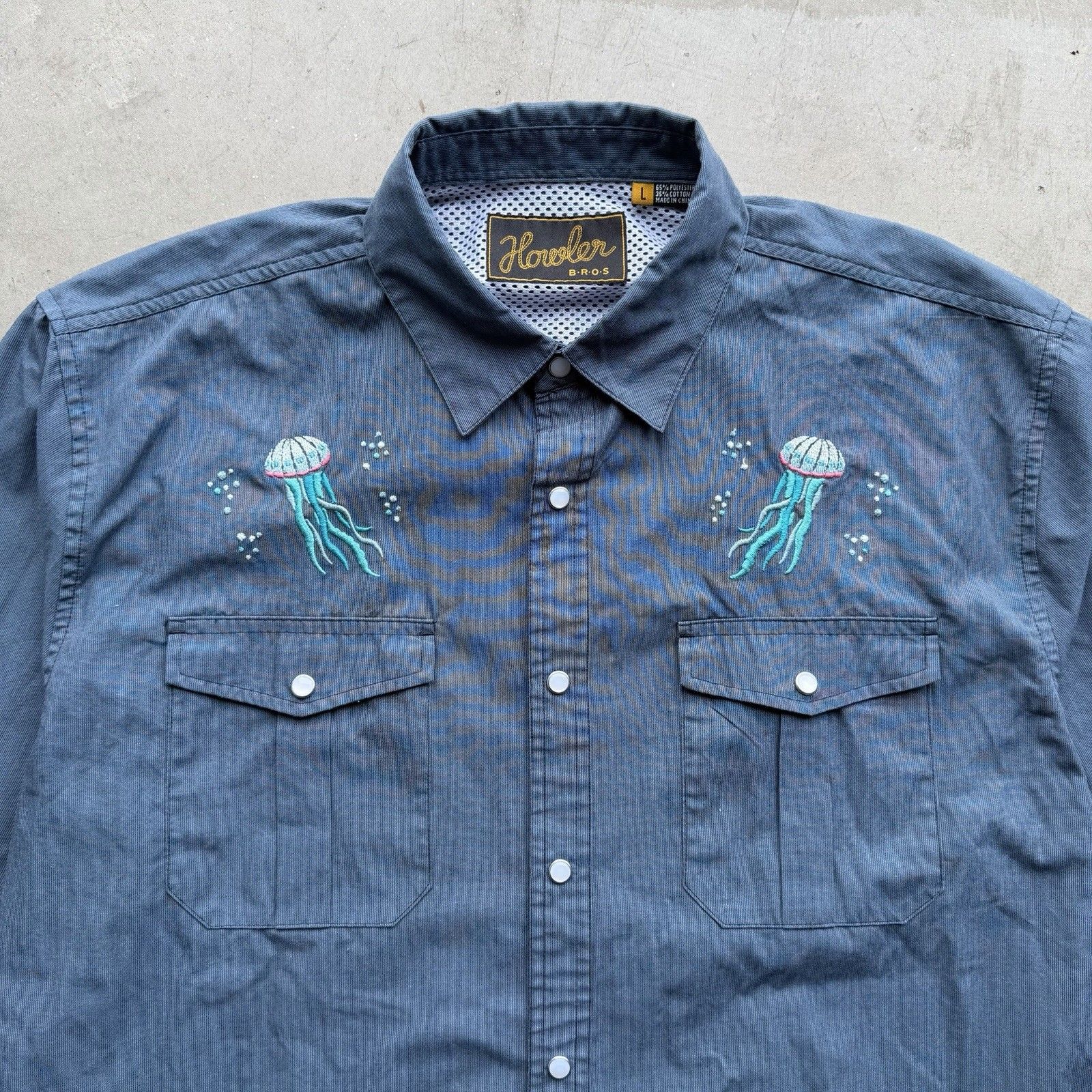 Howler Bros Mens L Gaucho Snap Shirt Pearl Western Jellyfish Embroidered Button